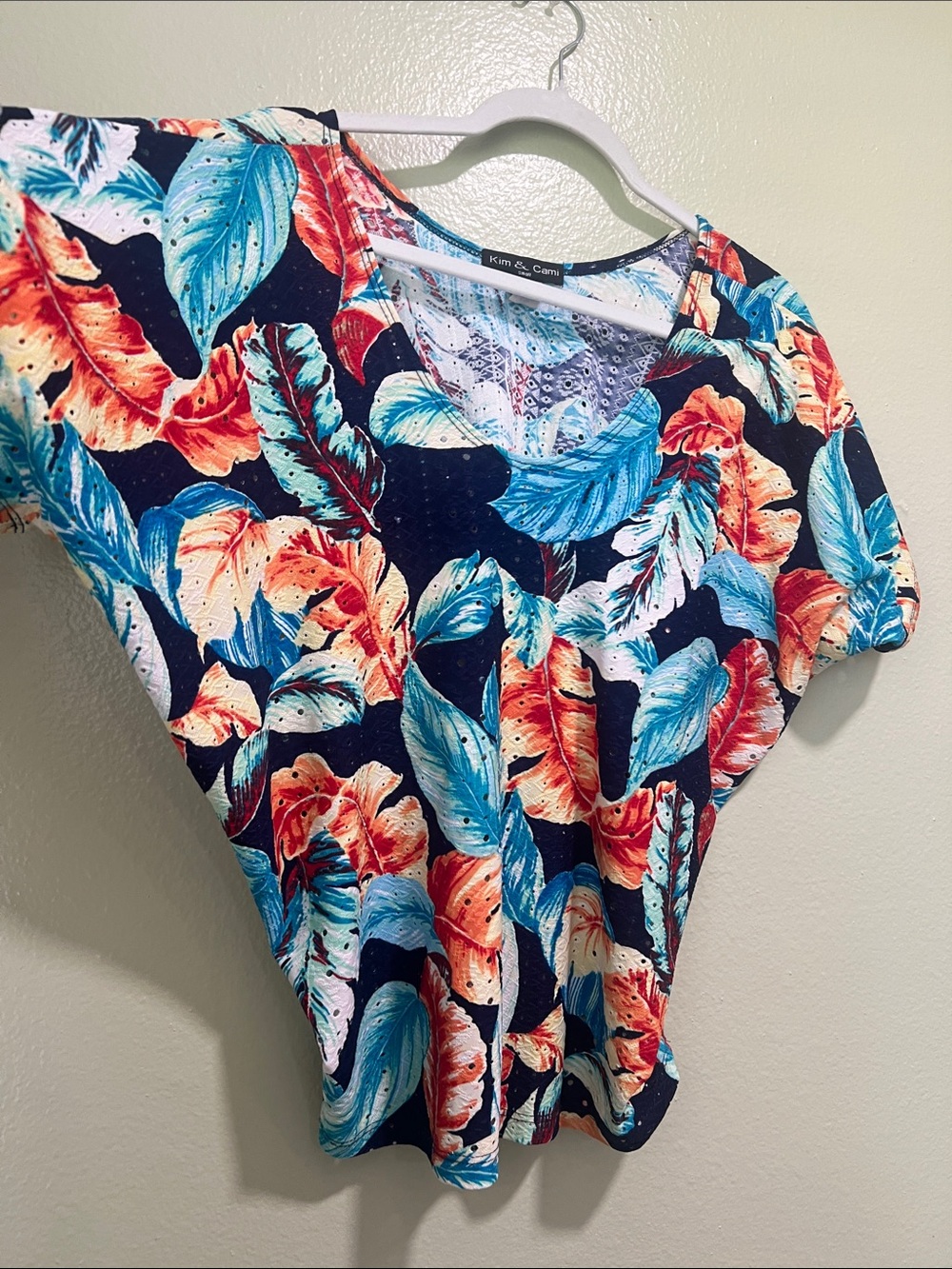 Kim & Cami Navy Tropical Feather Print Top with Teal & Coral Accents